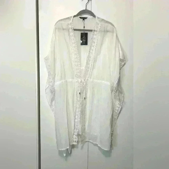 Club Z Collection Women 2X White Cotton Swim Crochet Lace Drawstring Cover Up - Picture 12 of 12